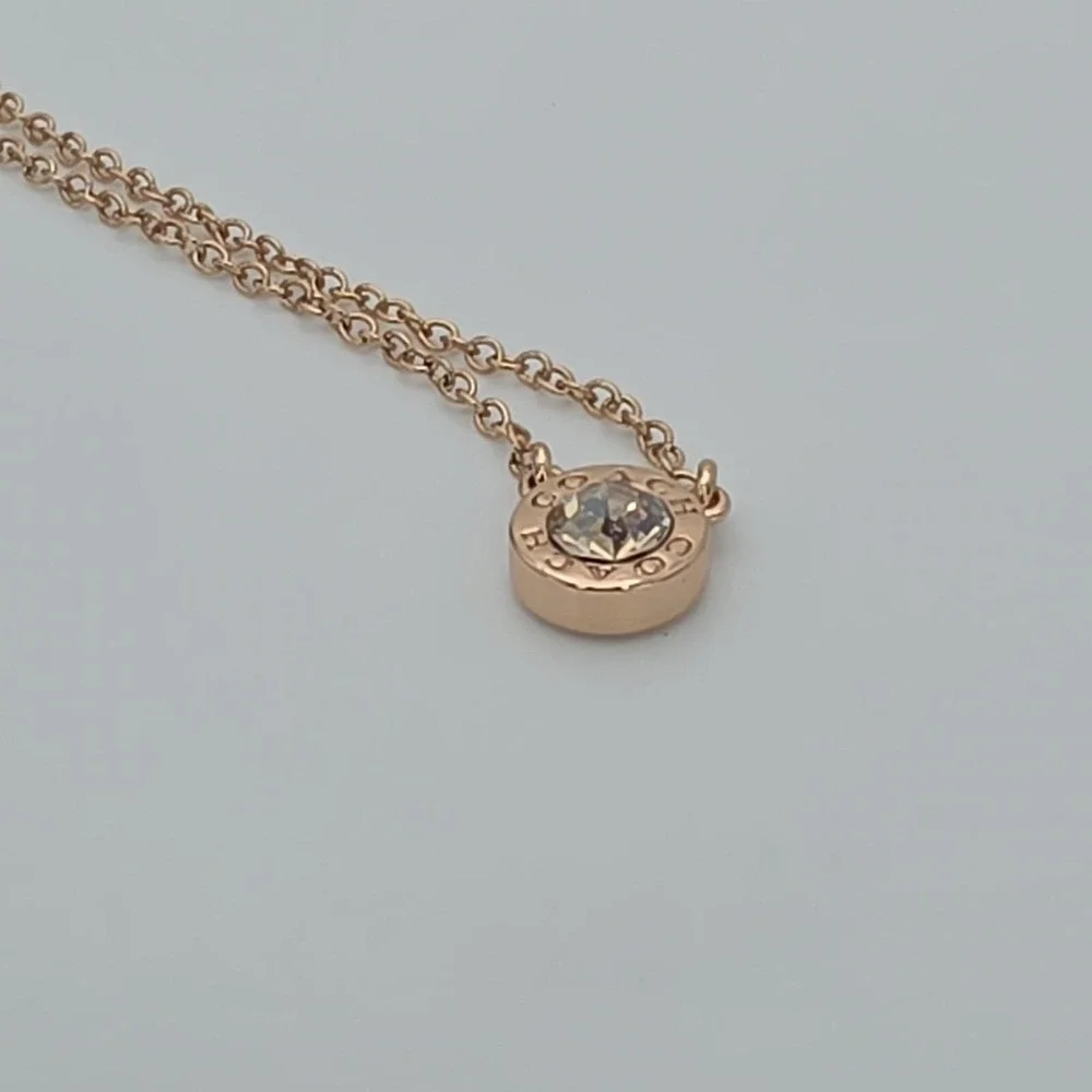 Vtg COACH Necklace Open Circle Crystal Pendant Rose Gold Plate‎ Round Link 18